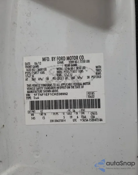 2012 Ford F150 from USA, damaged, VIN 1FTNF1EF1CKE08992